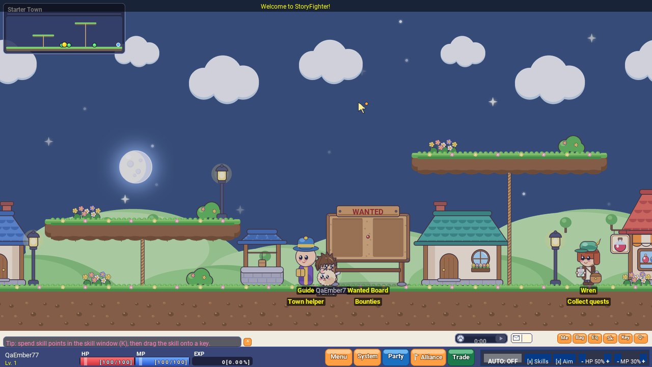 Starter Town at night under the moon, with the Wanted Board and the quest giver
