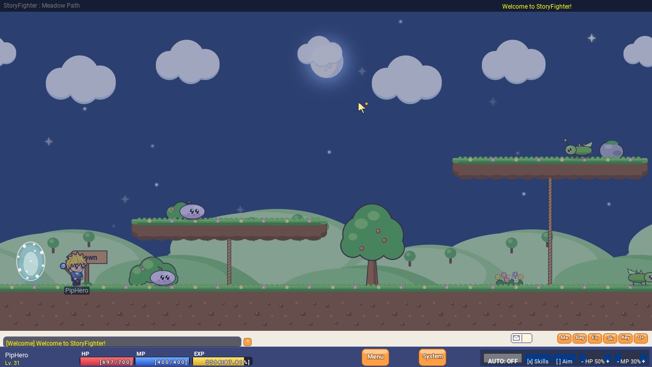 Hunting at midnight: a hero fights monsters on a moonlit platform